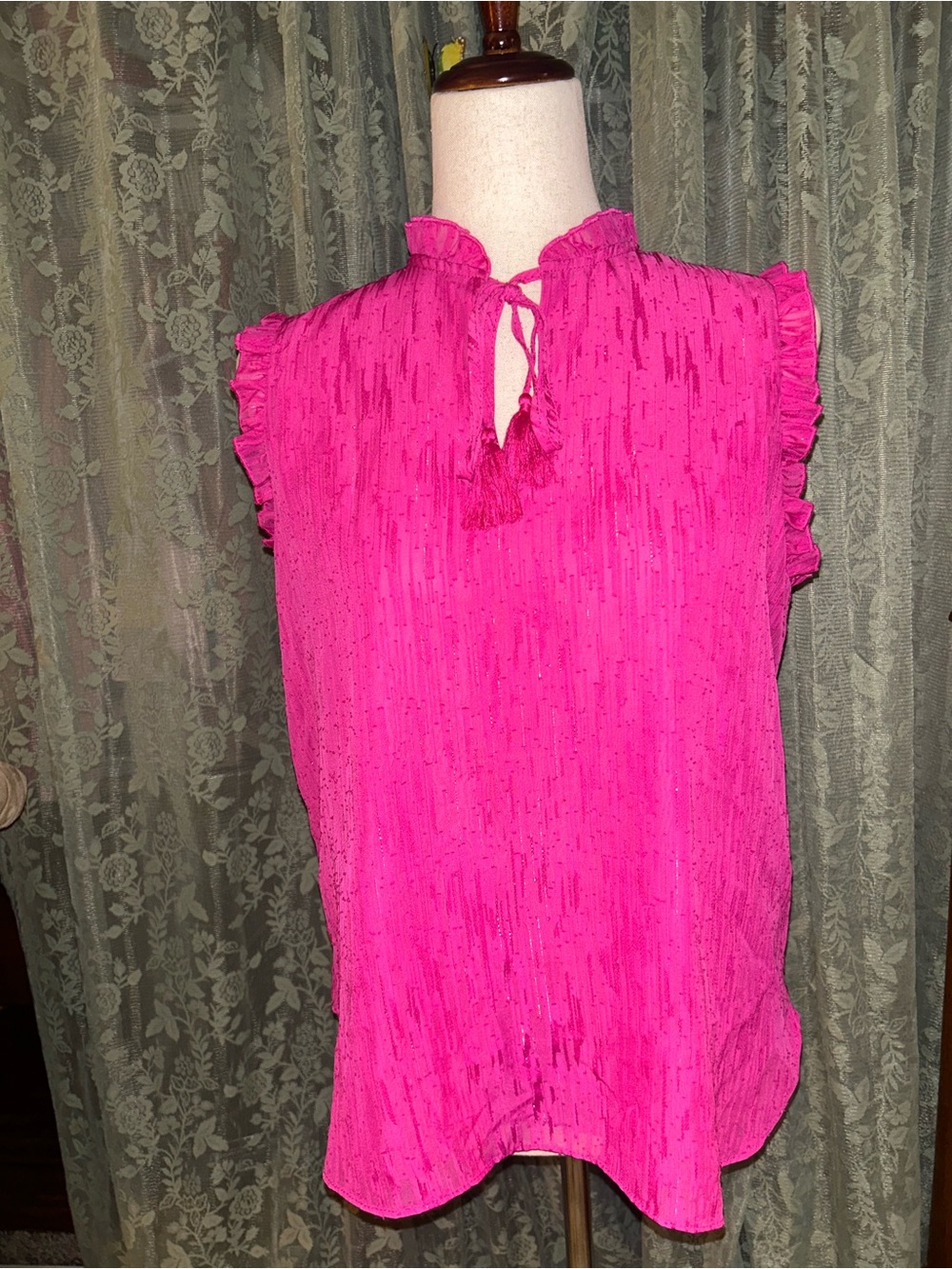Joie Women’s Bright Pink Fuchsia Ruffle Sleeve Tie-Neck Tank Top